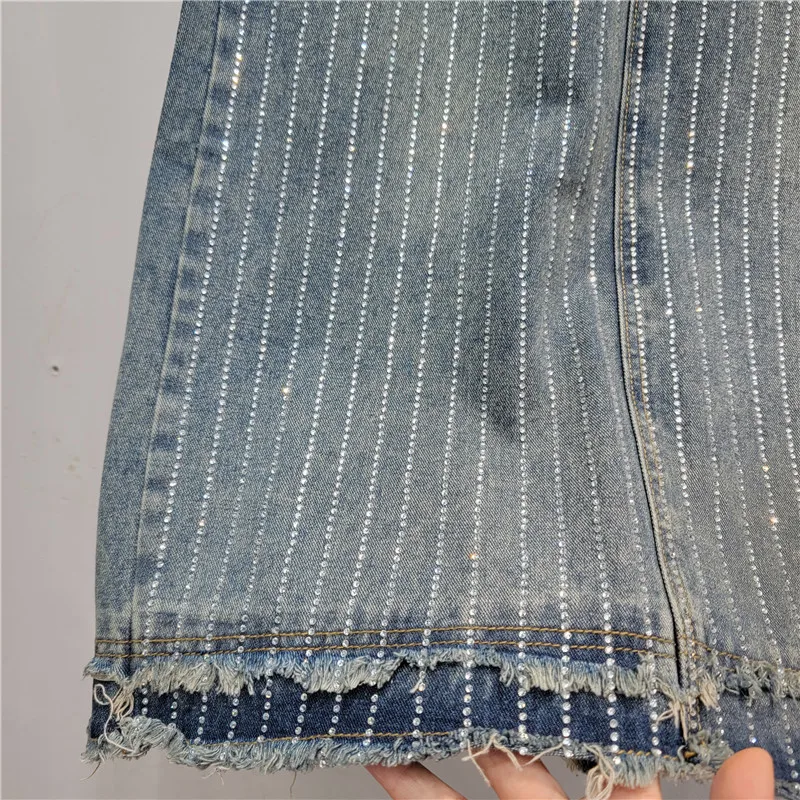 Women\'s Denim Skirt High Stripes Diamond Rhinestone Washed Blue Split Burrs Long Skirts 2024 Winter New Fashion