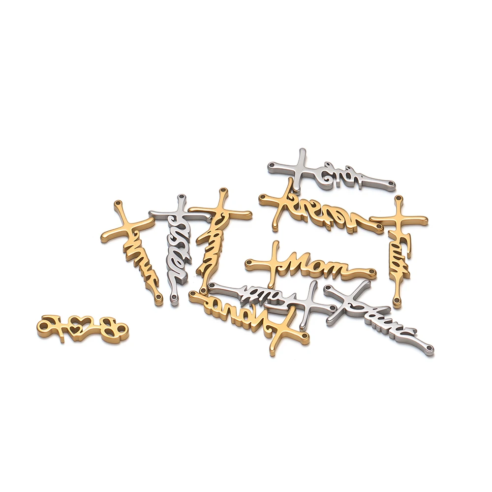 5 Stück Edelstahl-Kreuzanhänger mit Buchstaben, Muttertags-Charms für DIY-Schmuckherstellung, Halsketten-Verbindungsstücke, Armband-Zubehör – Detail 4