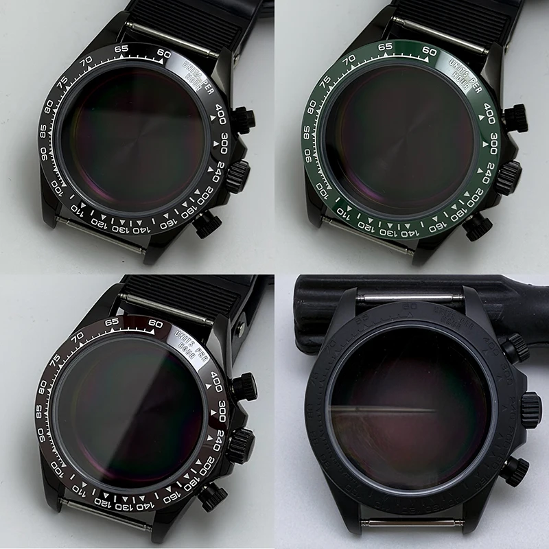Boîtier de montre noir en acier inoxydable 316L, 39mm, verre saphir, céramique/lunette en acier, adapté au mouvement à Quartz VK63, accessoires de montre