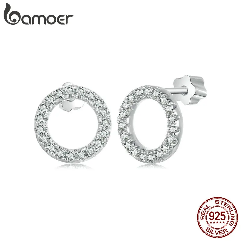 BAMOER Forever Clear Moissanite 925 Sterling Silver Circle Round Stud Earrings Dazzling Ideal Cut Lab Created Diamond Bijoux