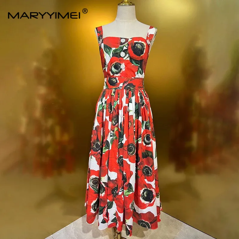 Maryyimei Mode Damen neue Baumwolle rücken freie Spaghetti träger Vierkant ausschnitt ärmel los bedruckte Vintage-Knopf elegantes Midi-Kleid