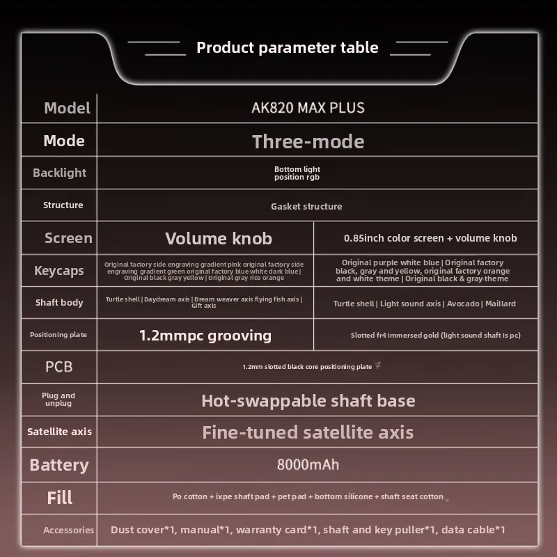 AJAZZ AK820MAX Mechanische Tastatur, Tri-Mode, kabellos, 8000 mAh, Dichtungsstruktur, Multifunktionsknopf, individuelle Gaming-Tastatur