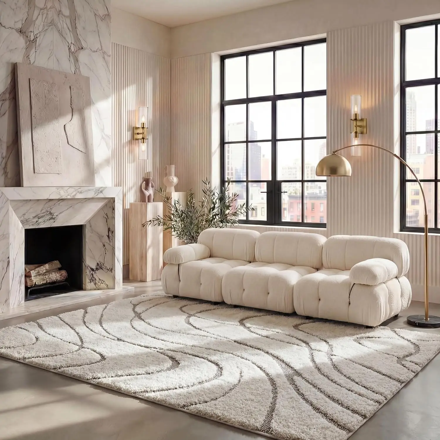 Shag Area Rug, Textured Geometric Pattern Floor Carpet For Living Room Dining Area And Bedroom, Durable Soft Large Indoor Mat, Cream And Beige Single Pack