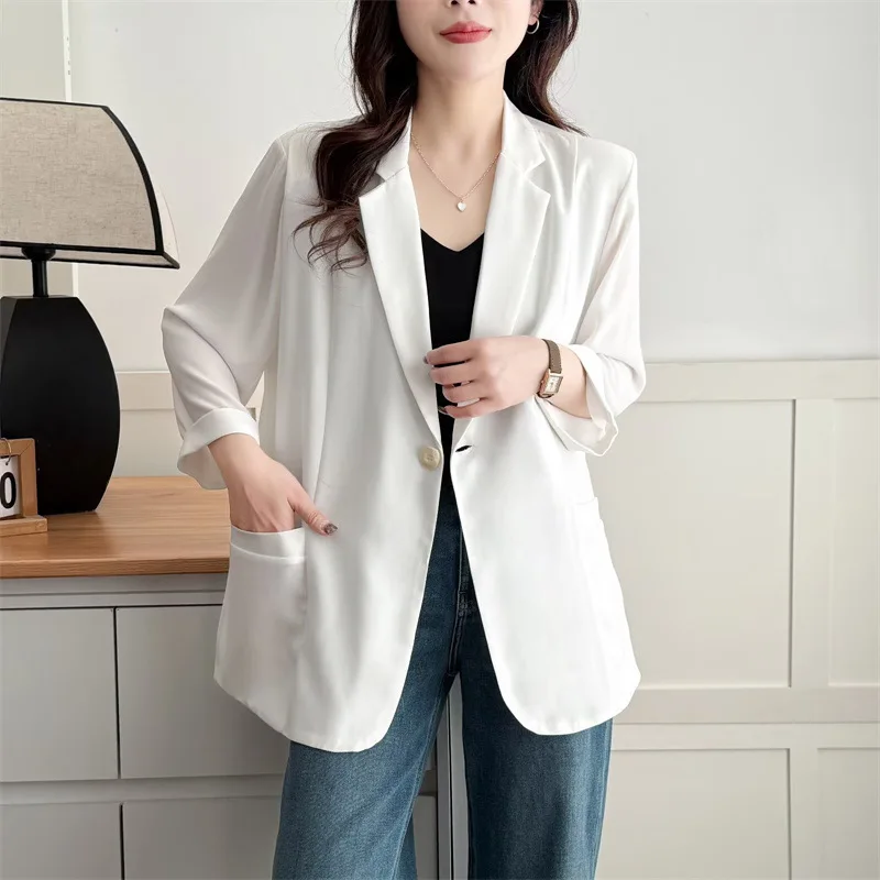 

Женский блейзер больших размеров 2026: Летний легкий пиджак с V-образным вырезом, рукавами 3/4, открытым передом, элегантный офисный повседневный жакет для пышных дам 2503