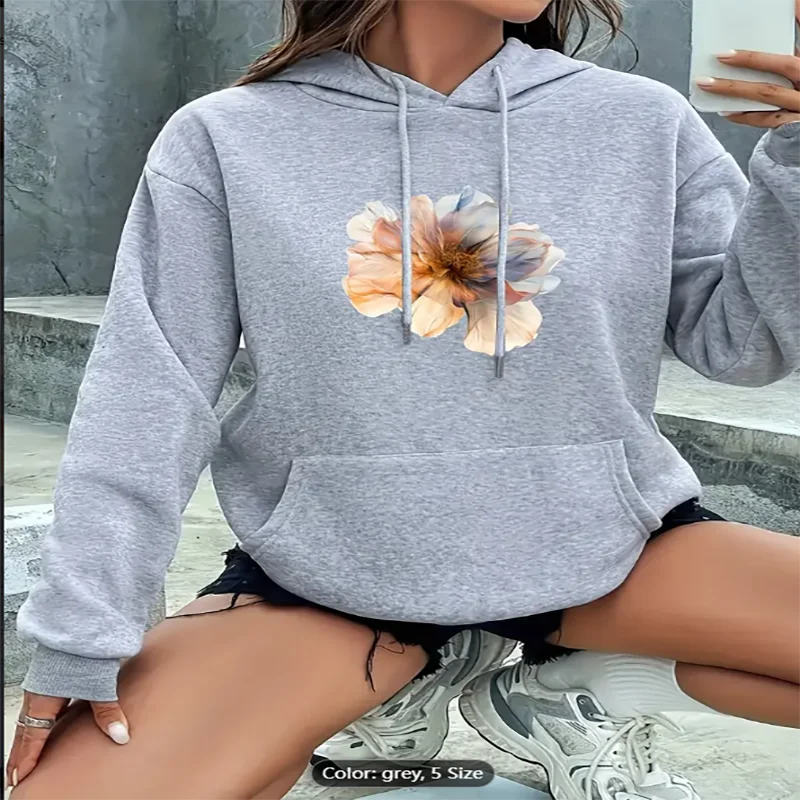 

Womens Black Hoodie Floral Graphic Print Casual Oversized Drawstring Hooded Sweatshirt for Floral Style Lovers Pure Cotton