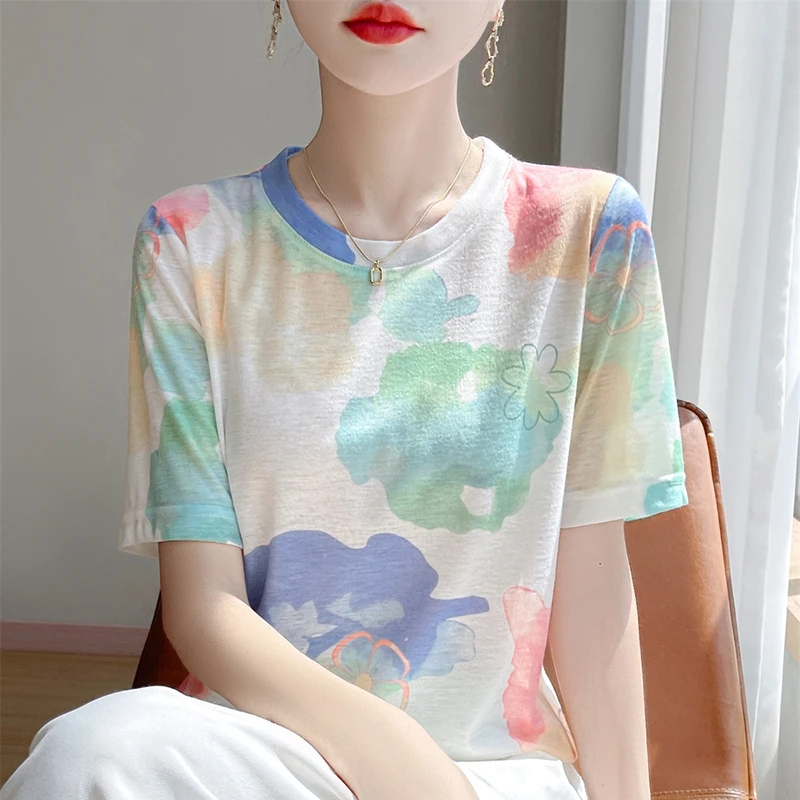 

Летняя новинка, Вязаная футболка с круглым вырезом и коротким рукавом, женская нижняя рубашка, блузка с коротким рукавом, свободный тонкий свитер