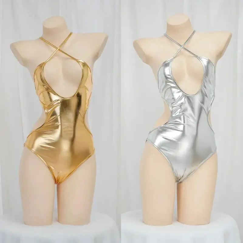 Damen Japanischer Rückenfreier Bodysuit Anime Cosplay Gold Silber Ausgeschnittener Badeanzug Rollenspiel-Outfit
