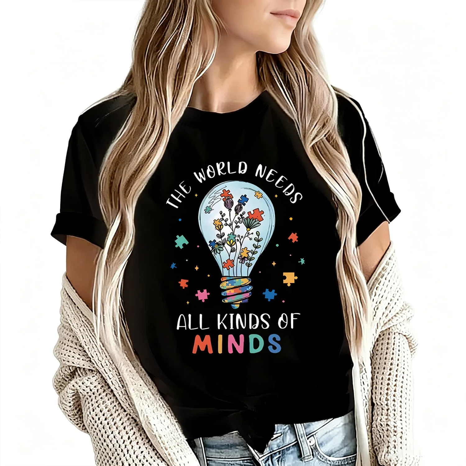 The World Needs All Kinds of Minds Women's T-Shirt 100% Cotton Funny Graphic Short Sleeve Tee Novelty Shirt Casual Crew Neck Top S-5Xl