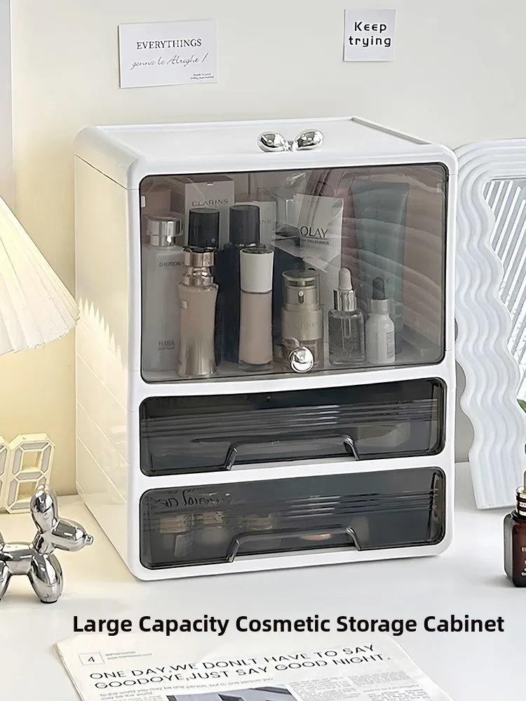 

Большой прозрачный настольный органайзер для косметики и уходовых средств с крышкой от пыли и др.