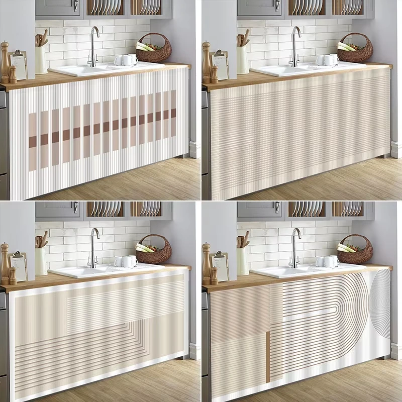 VIKAMA Minimal Line Art Long Cabinet Cover Curtain No-Drill Hook-and-Loop Neutral Beige Cupboard Storage Shelf Decor