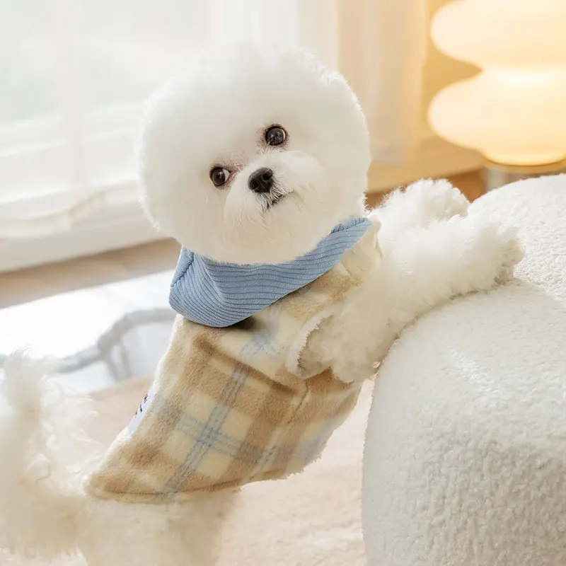 Dog Thickened and Plush Chessboard Plaid Hood Traction Vest Cotton Coat Cat Winter Pet Clothing Dog Costume Autumn and Winter