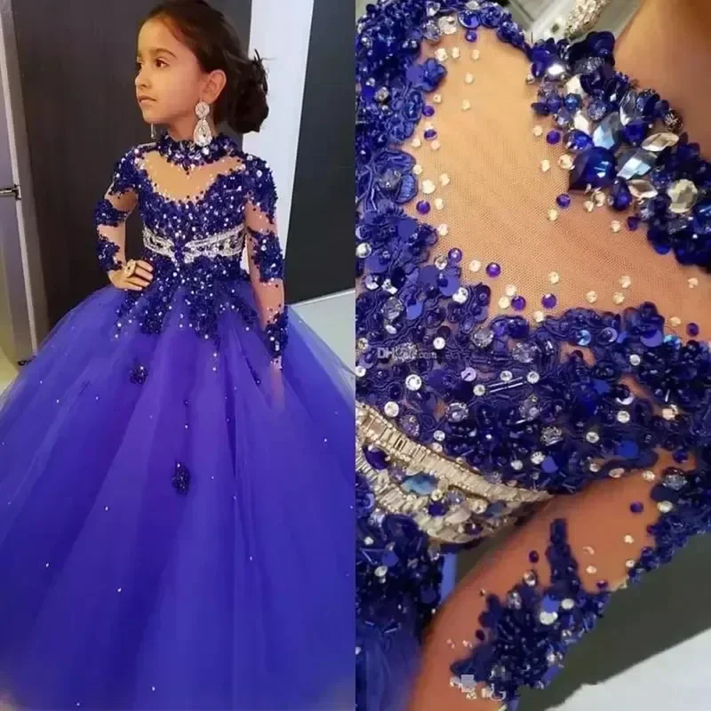 Luxious Girls Beaded Pageant Dresses High Quality Long Sleeve Flower Girl Dress for Wedding Kids Birthday Party Communion Gowns