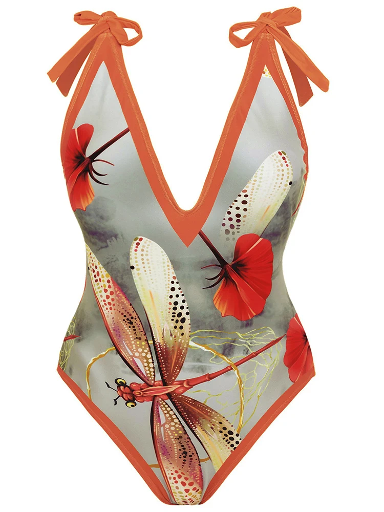 Maiô feminino de uma peça com posicionamento de libélula + saia longa com gravata estampada em chiffon