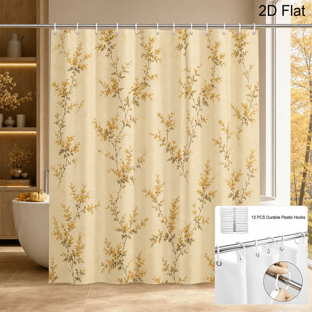 Shower Curtain 180.34x180.34 cm Floral Botanical Branch Print Farmhouse Rustic Beige Shower Curtain with 12 Hooks Neutral Nature