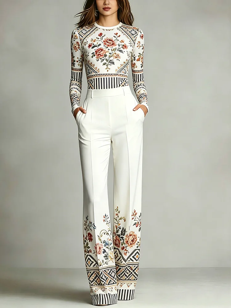 

Women's Elegant 2 Piece Matching Outfit Fashion Print Long Sleeve Top & Casual High Waist Pocket Wide Leg Pants Vacation Office