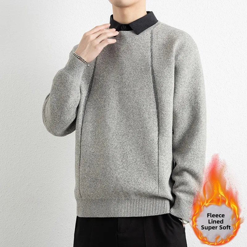 

Мужской утепленный вязаный свитер с эффектом двухслойности, с воротником-рубашкой, повседневный, премиум-класса, осенне-зимний, цельный