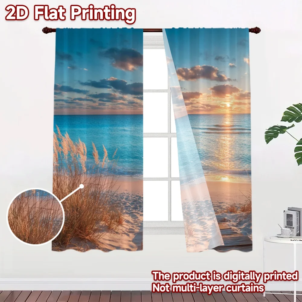 2D flat printing 2pcs Curtain Curtains Beach Sunset Serenity Digital Printed Polyester Drapes Family Party Decoration Use for