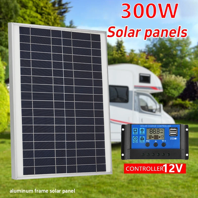 300W Solar Panel Kit Complete 12V Polycrystalline Power Charge Portable Outdoor Rechargeable Solar Cell Solar Generator for Home