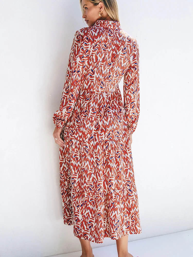 Długa spódnica damska z nadrukiem jesiennych kwiatów, modna, uniwersalna, o średniej długości, z wysokim stanem, w kształcie litery A, z poliestru.