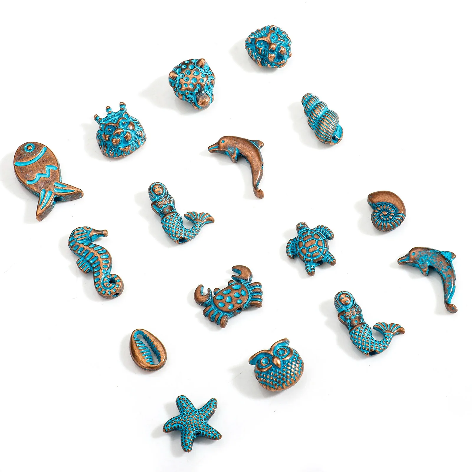 30 Stück Zink basis Legierung Ozean Schmuck Spacer Perlen für DIY Charm Schmuck machen antike Kupfer blau Stern Fisch Meerjungfrau Patina – Detail 6