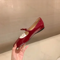 2025 New Square Toe Glossy Leather Flats Women Bowknot Mary Jane Shoes Female Red Dance Ballets Party Ball Bridal Wedding Shoes