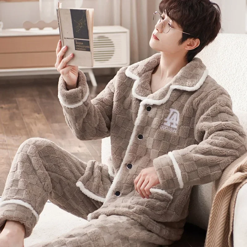 

Autum Winter Men's Pajamas Oversized Plush Thickened Loungewear Flannel Homewear Coral Velvet Warm Sleepwear Set 2023 New