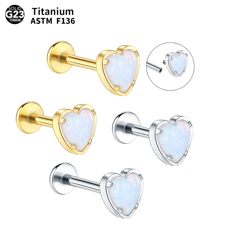 1pc 16g titanium coração opal labret piercing rosca interna orelha hélice língua tragus brinco parafuso prisioneiro piercing jóias do corpo