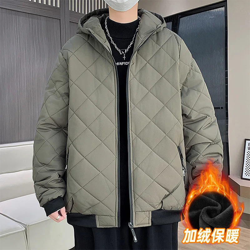 Men's Casual Cotton-padded Coat Winter Warm Thickened Jackets for Men with Hood Rhombus Texture Streetwear Padded Parkas Jacket