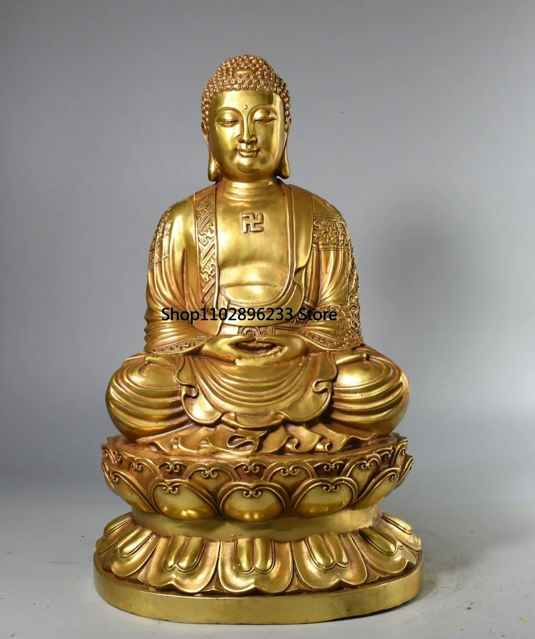 Tibetan Nepalese brass gilt Sakyamuni Rulai Buddha Seated at Home Incense Case Hall Ornament 38cm