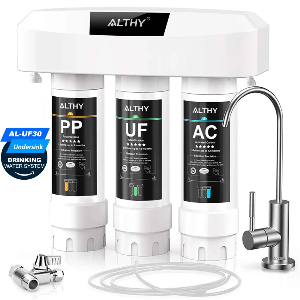 ALTHY Sistema purificador de filtro de agua de ultrafiltración debajo del fregadero, PP de 3 etapas + UF + CA, elimina plomo, cloro, bacterias y mal