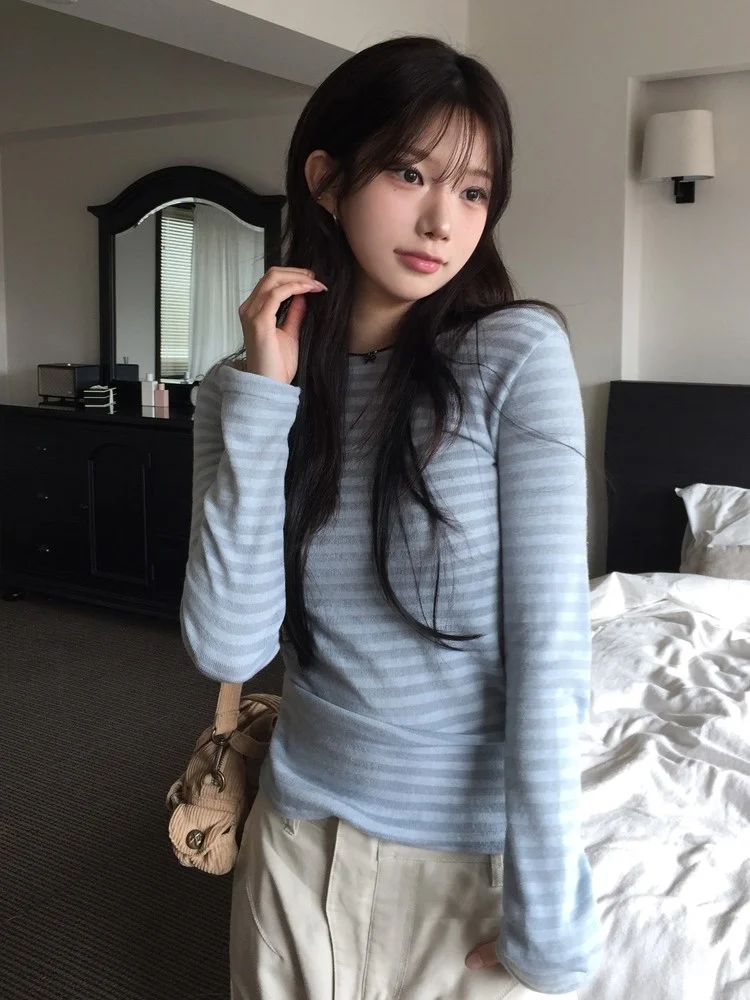Blue Striped One oulder Base irt Women's Slim Fit Long Sve T-irt Inner Wear Autumn Winter Faion Korean Sle Top