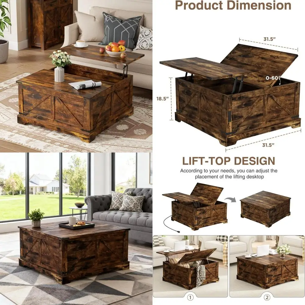 

Farmhouse Style Square Coffee Table with Lift Top and Storage, 31.5 Wide Wood Center Table featuring Rustic Design and Charging