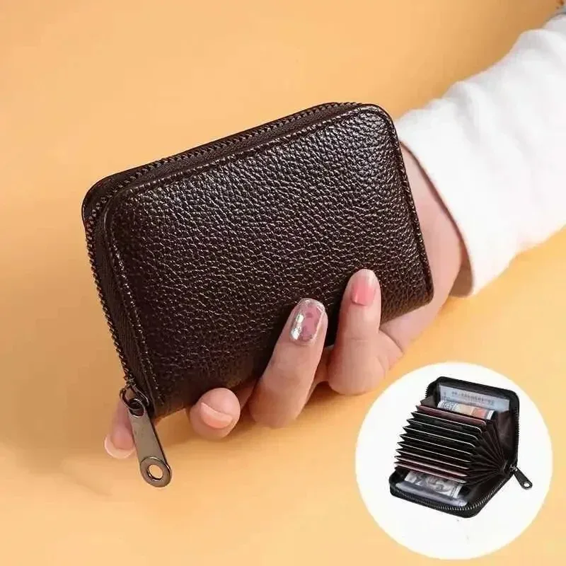 1pcVintage Multi Slot Card Holder Solid Leather Zipper Small Wallet For Men Women Business Credit Card Bag Mini Coin Pouch Purse