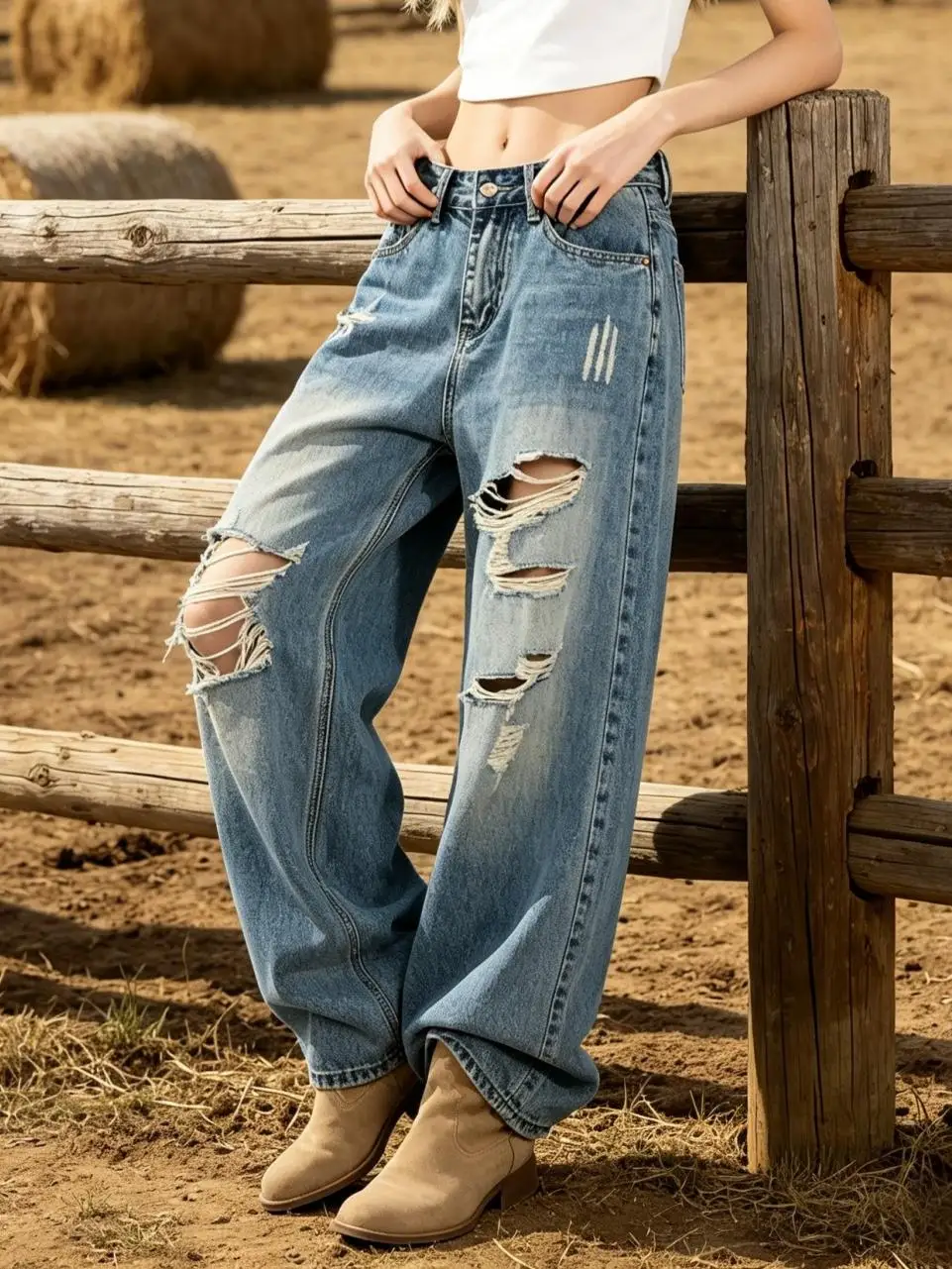 【HME】Jeans | Women Big Ripped Fringe Frayed Denim Pants, High‑Waist Wide‑Leg Distressed Washed Jeans, Multi‑Spot Irregular Abrasion Design To Modify Leg Shape, Loose Draped Leg For Hiding Fat, Punk Street Style Trendy Casual Pants
