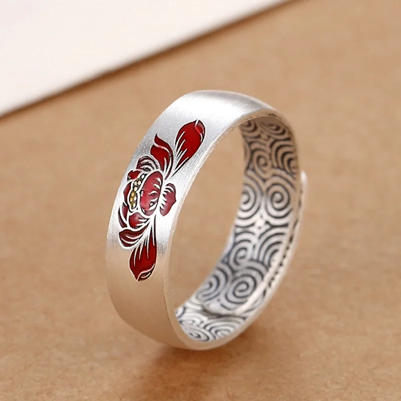 Thai Silver Enamel Red Lotus Ring Men's Open Vintage Index Finger Ring Trendy Unique Birthday Gift KOFSAC