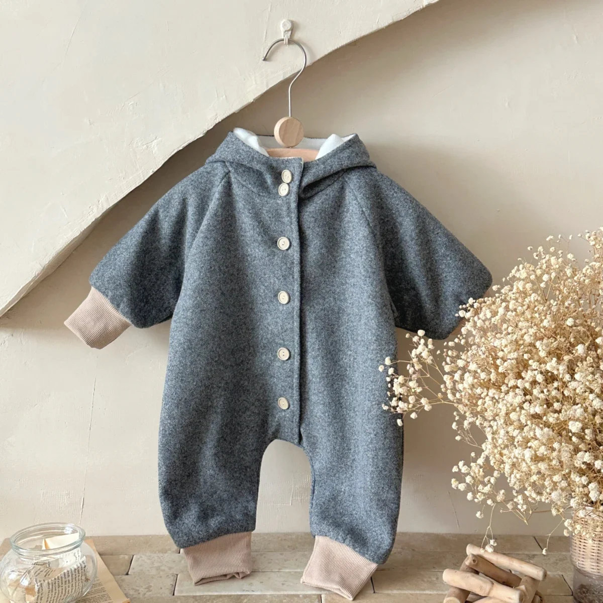 

Newborn Baby Boys Girls Jumpsuit Rainbow Printed Woolen Crawling Suit Cute Hooded Winter Clothing