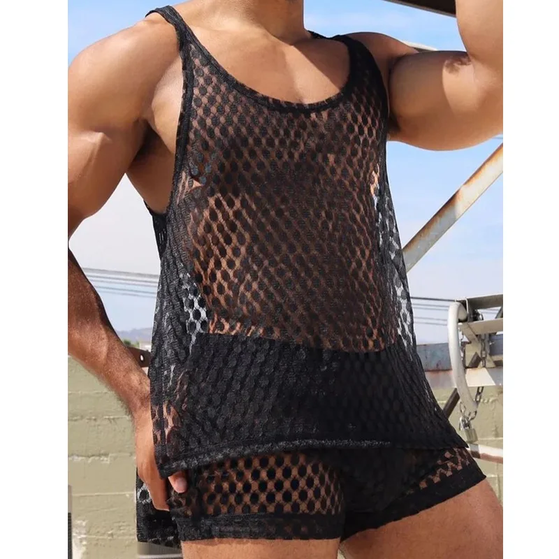 Sexy Mesh Perspective Side Split Sleeveless Sling Tank Top Shorts Suit Men