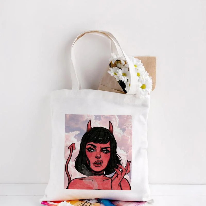

Devil Woman Fun Print Casual Large Capacity Canvas Bag Women's Eco-Friendly Casual Reusable Shopping Bag Simple White Tote bag