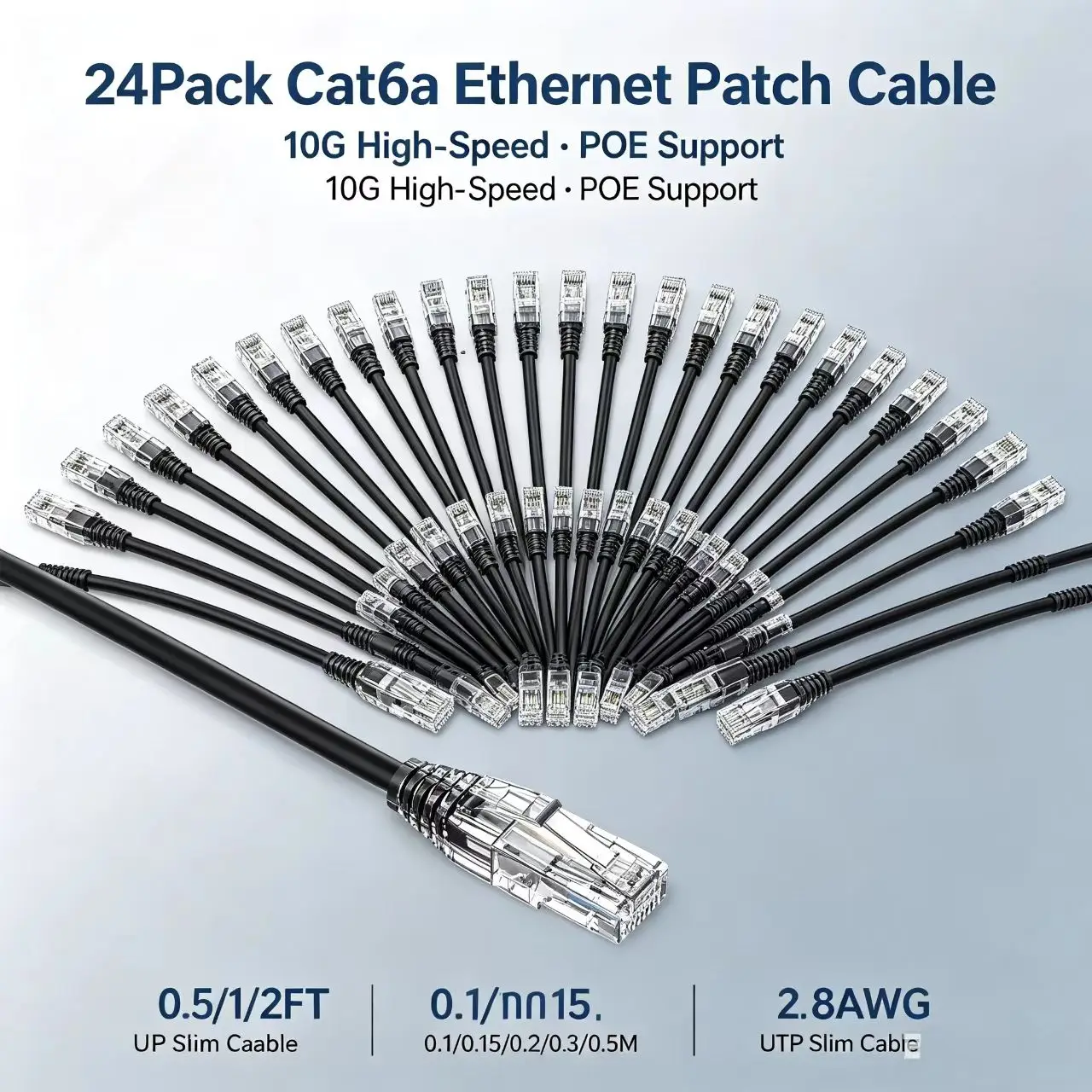 24Pack Cat6A Slim UTP Ethernet Patch Cable, 0.1-0.5M Short LAN Wire, 10G POE 28AWG Network Cable for CAT6A Switch Patch Panel