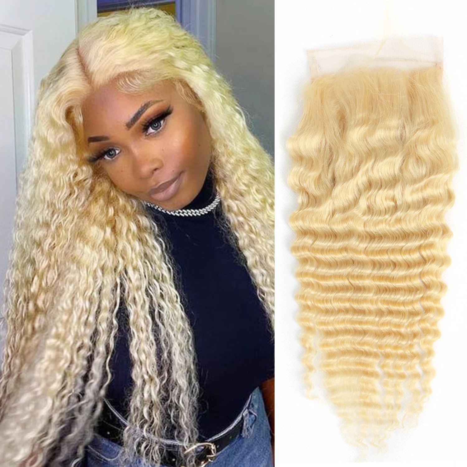 613 Blonde 4x4 Deep Wave Closure Transparent Lace With Baby Hair 100% Brazilian Human Hair Pre Plucked Natural Hairline
