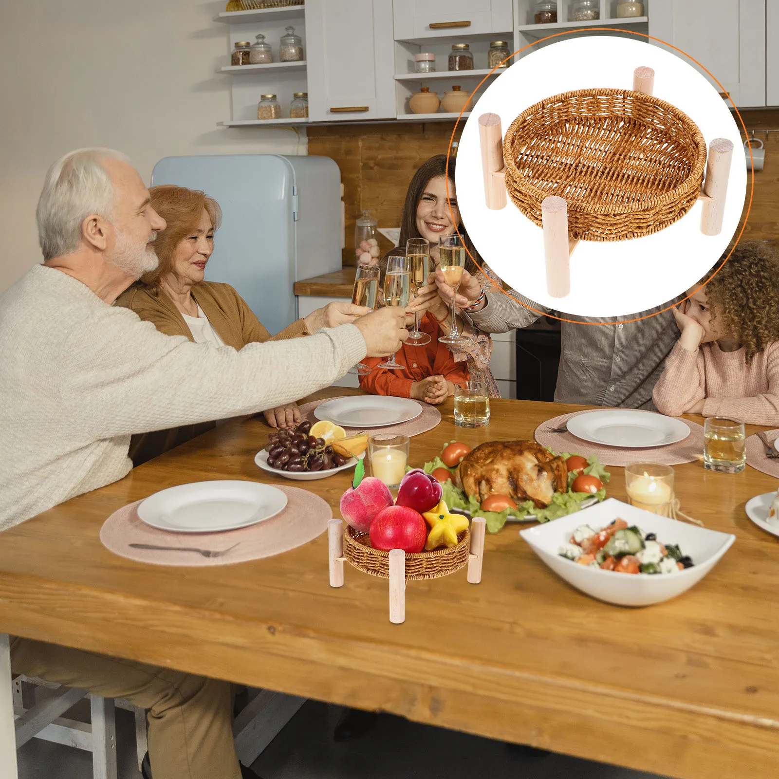 

1 set 1 Set Hand Woven Fruit Storage Basket Imitation Rattan Snacks Organizer Round Serving Tray For Office Home Kitchen Bar