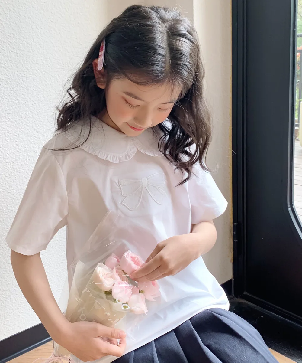 

Spring Summer baby clothes girl tops Girls' White T-shirt High quality bow embroidery Big collar doll shirt Sweet girl's blouse