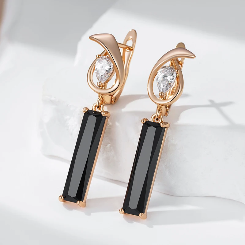 Kinel Hot Simple Long Square Black Natural Zircon Drop Earrings For Women 585 Rose Gold Color High Quality Daily Fine Jewelry
