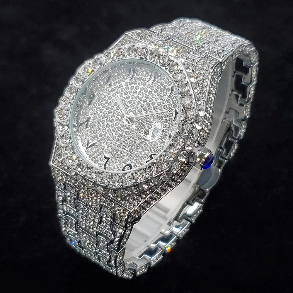 Luxury Brand Diamond Watches for Men Fashion Original Iced Out Arabic Quartz Watch Bling Stainless Steel Clock Relogio Masculino