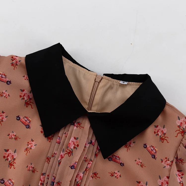 جديد المتناقضة اللون الطباعة فستان فرنسي المرأة مطوي التلبيب الياقة كم طويل مزاجه عالية الخصر تنورة كلمة #3