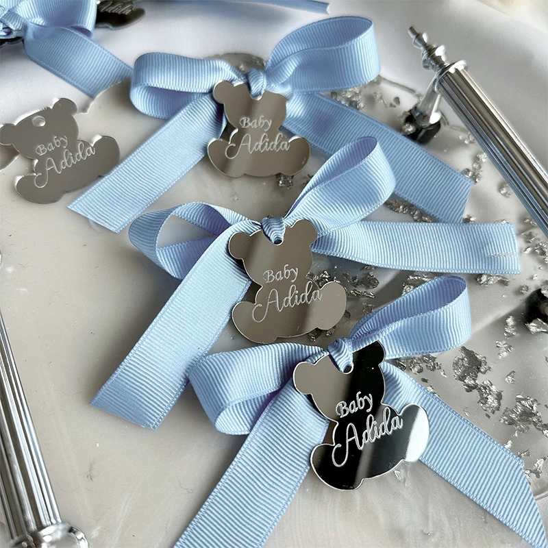 

Custom Teddy Bear Mirrored Acrylic Tags Baby Shower Favors Personalized Acrylic Mirrored Christening Thank You Gift Tags