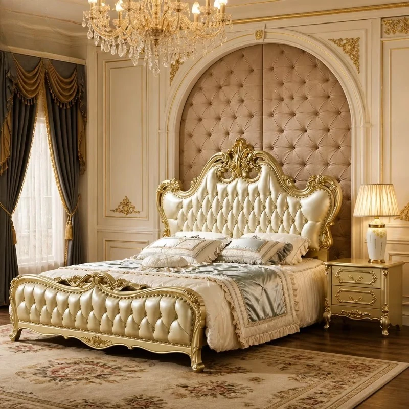Deluxe Champagne Gold Solid Oak Carved Bed, Double Bedroom Furniture Set