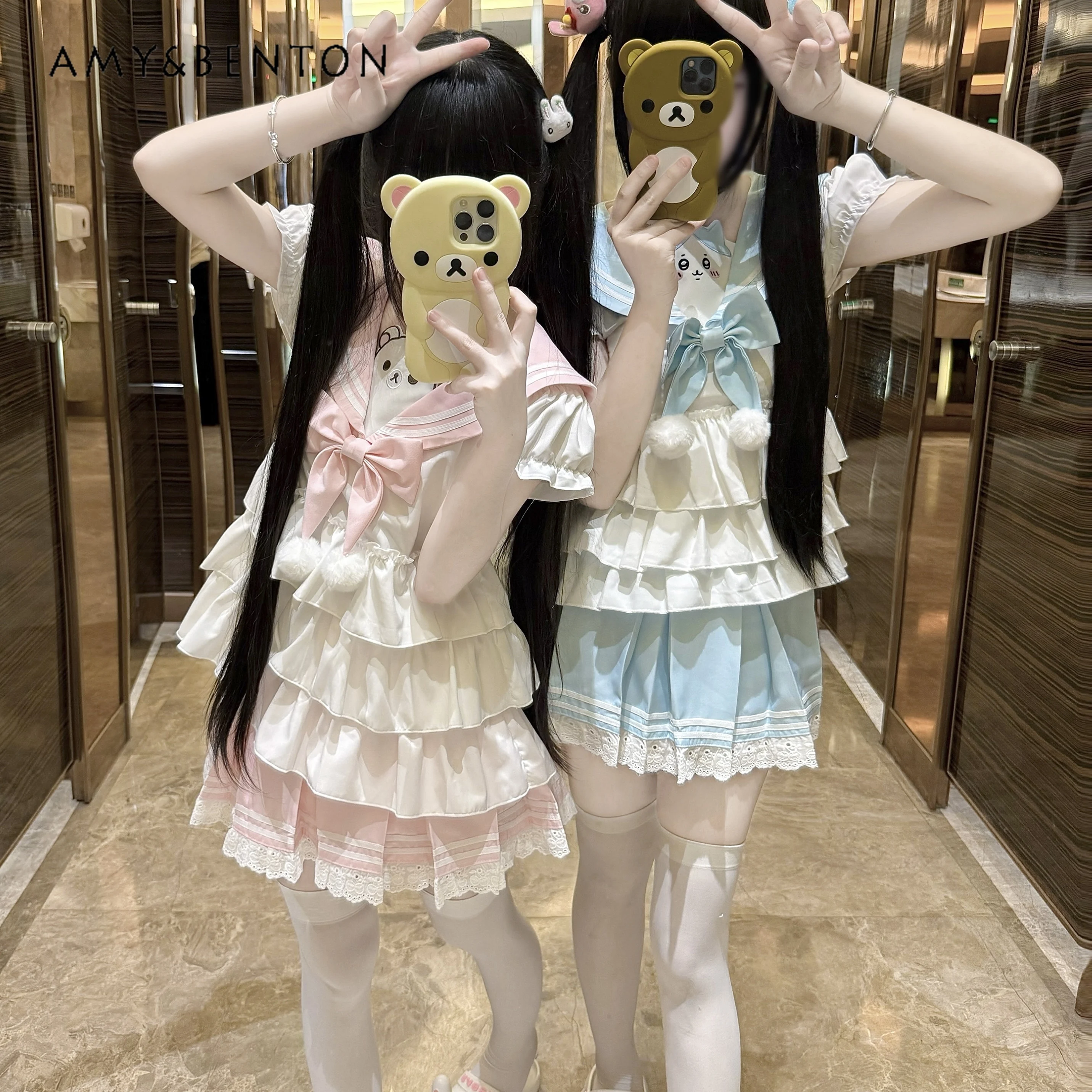 

Cute Lolita Cake JK Uniform Set Women Sweet Kawaii Cartoon Printed Bow Navy Collar Sleeveless Shirt Mini Skirt Two-piece Set