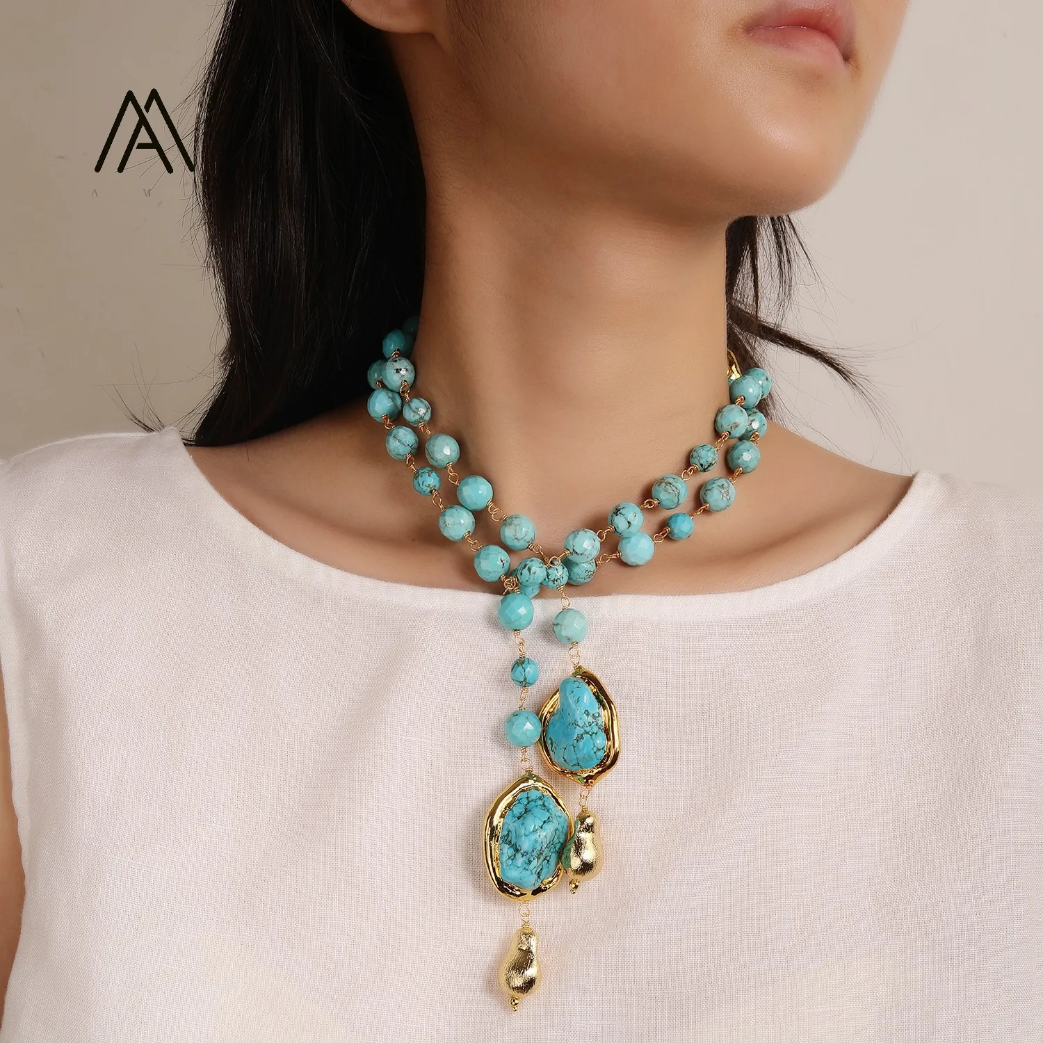 34 Inches Long Natural Turquoise Necklace Gold Color Brushed Beads Natural Stone Necklace Boho Jewelry for Women 2 Style