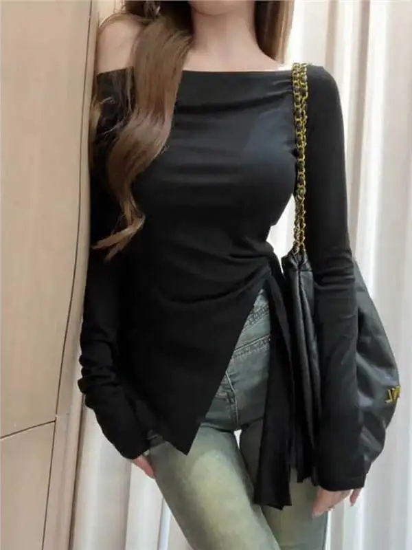 Slim Fit Long Sleeve T-Shirt Women's Spring Fashion Uneven Shoulder Design Conceal Meat Effect Comfortable Breathable Cotton Top
